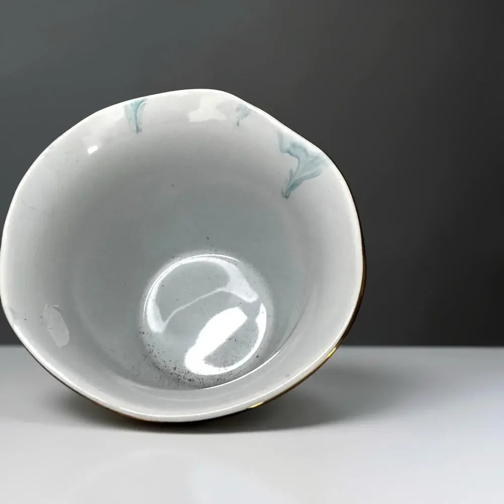 Small Blue Marble Porcelain Cachepot Planter | White & Aqua Swirl Vase Gold Trim